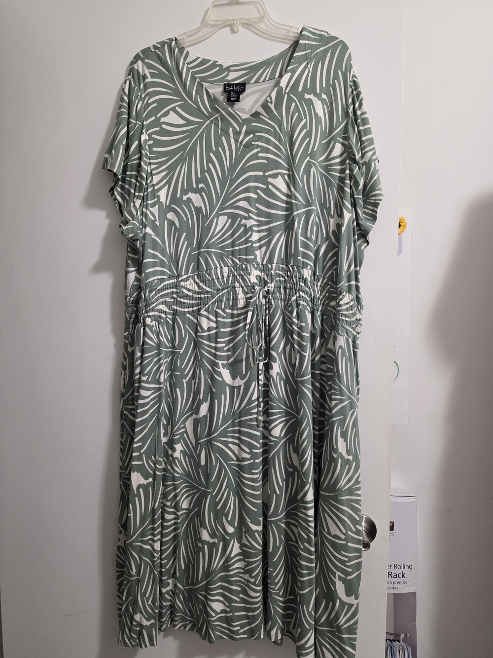Sage Green and White Tropical Midi Dress with Cinched Waist